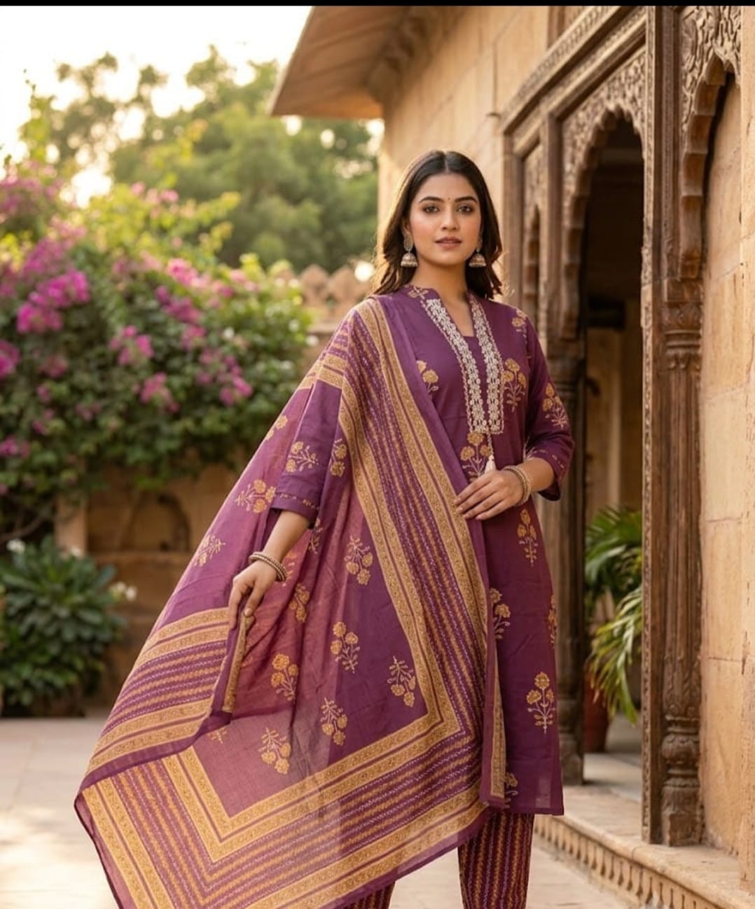 Premium 60-60 Cotton Purple Flora three piece  kurties set
