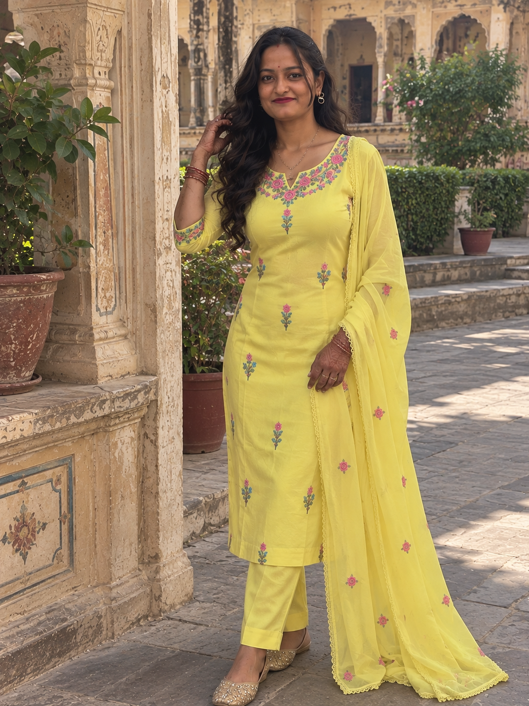 Elegant Yellow Mul Cotton Embroidered 3-Piece Suit Set with Dupatta