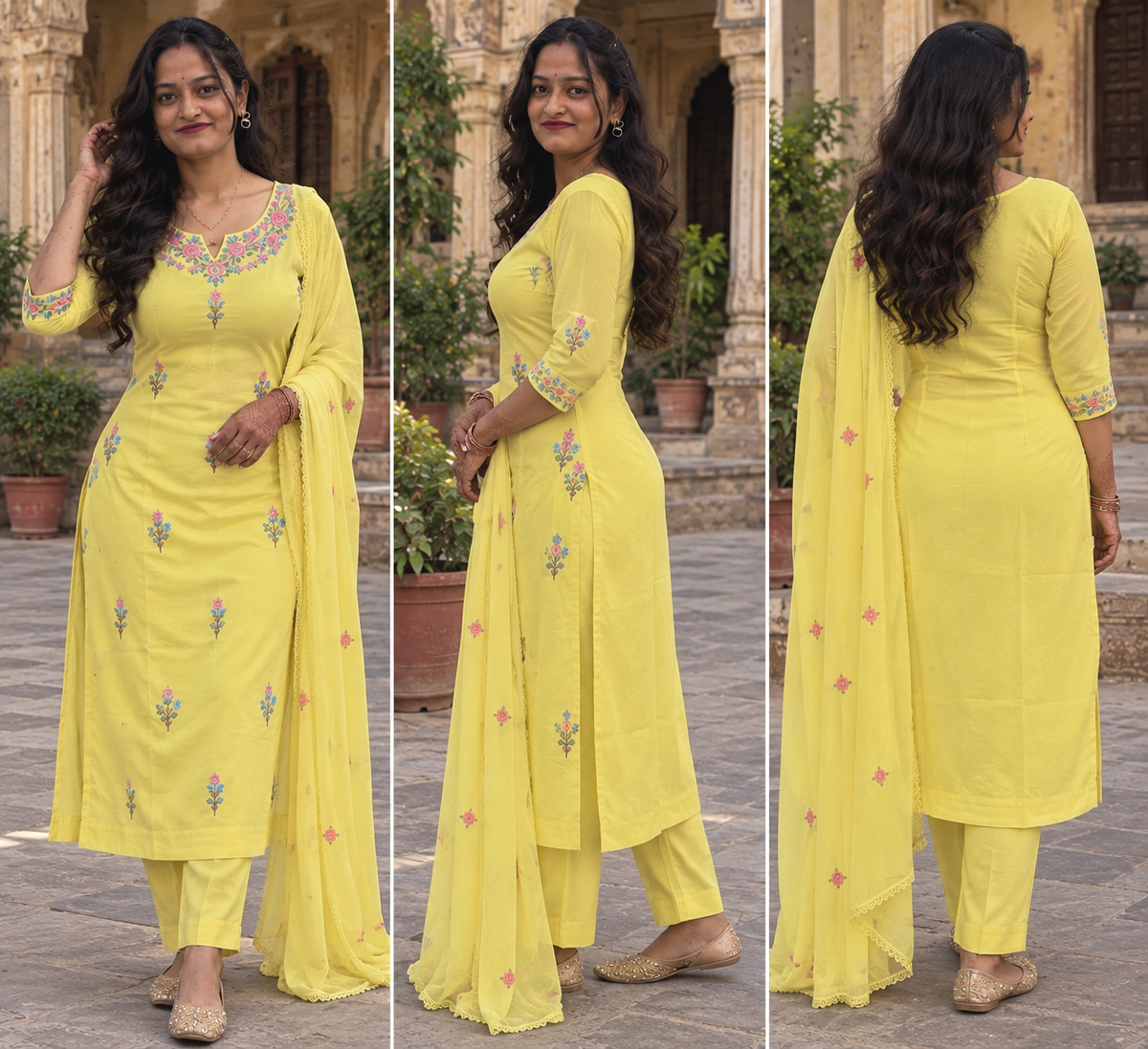 Elegant Yellow Mul Cotton Embroidered 3-Piece Suit Set with Dupatta
