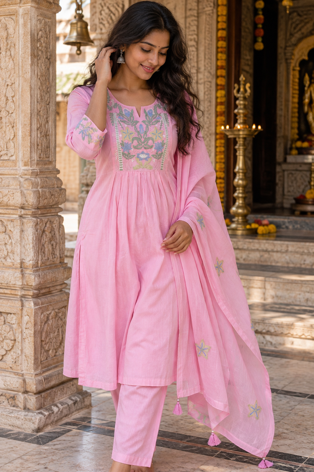 Blush Pink Mul Cotton Embroidered Anarkali Suit Set with Dupatta – 3 Piece