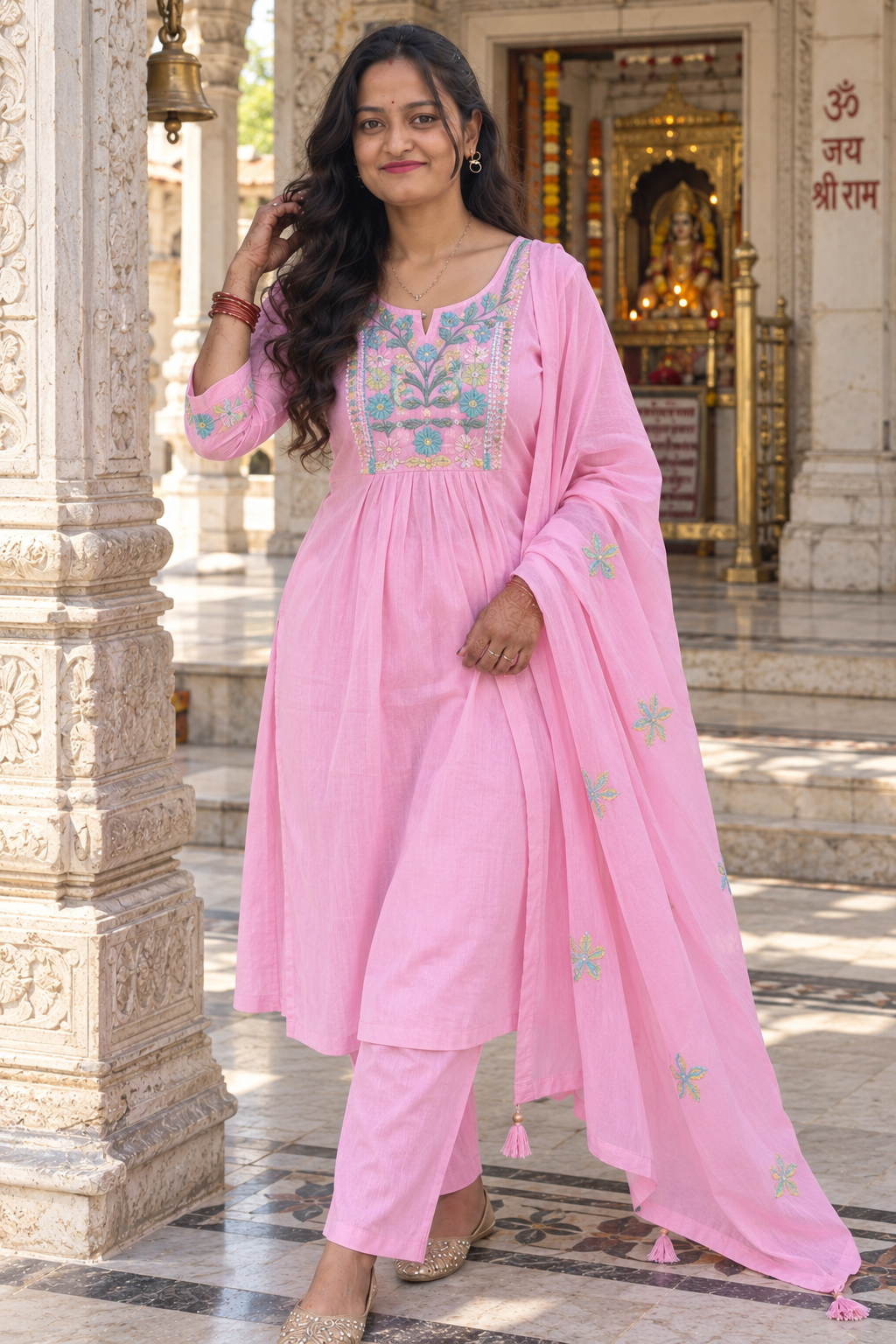 Blush Pink Mul Cotton Embroidered Anarkali Suit Set with Dupatta – 3 Piece