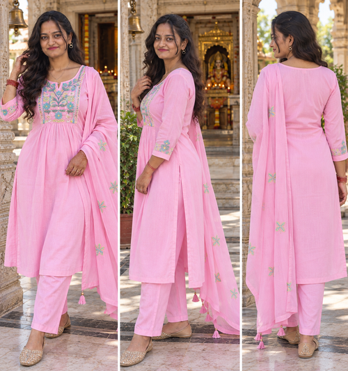 Blush Pink Mul Cotton Embroidered Anarkali Suit Set with Dupatta – 3 Piece
