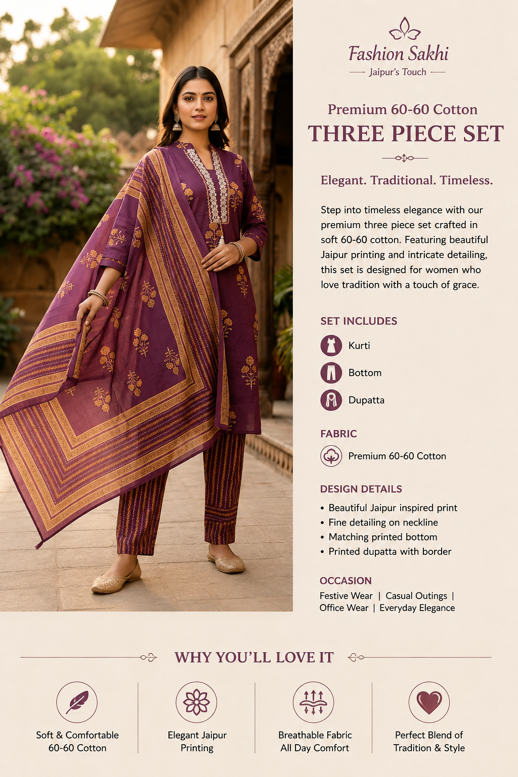 Premium 60-60 Cotton Purple Flora three piece  kurties set