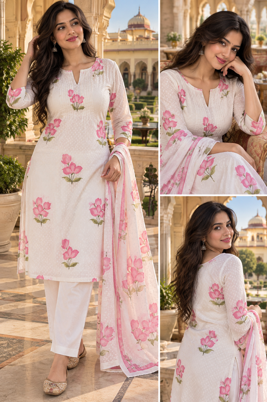 Ivory White Floral Printed Cotton 3-Piece Suit Set with Pink Dupatta