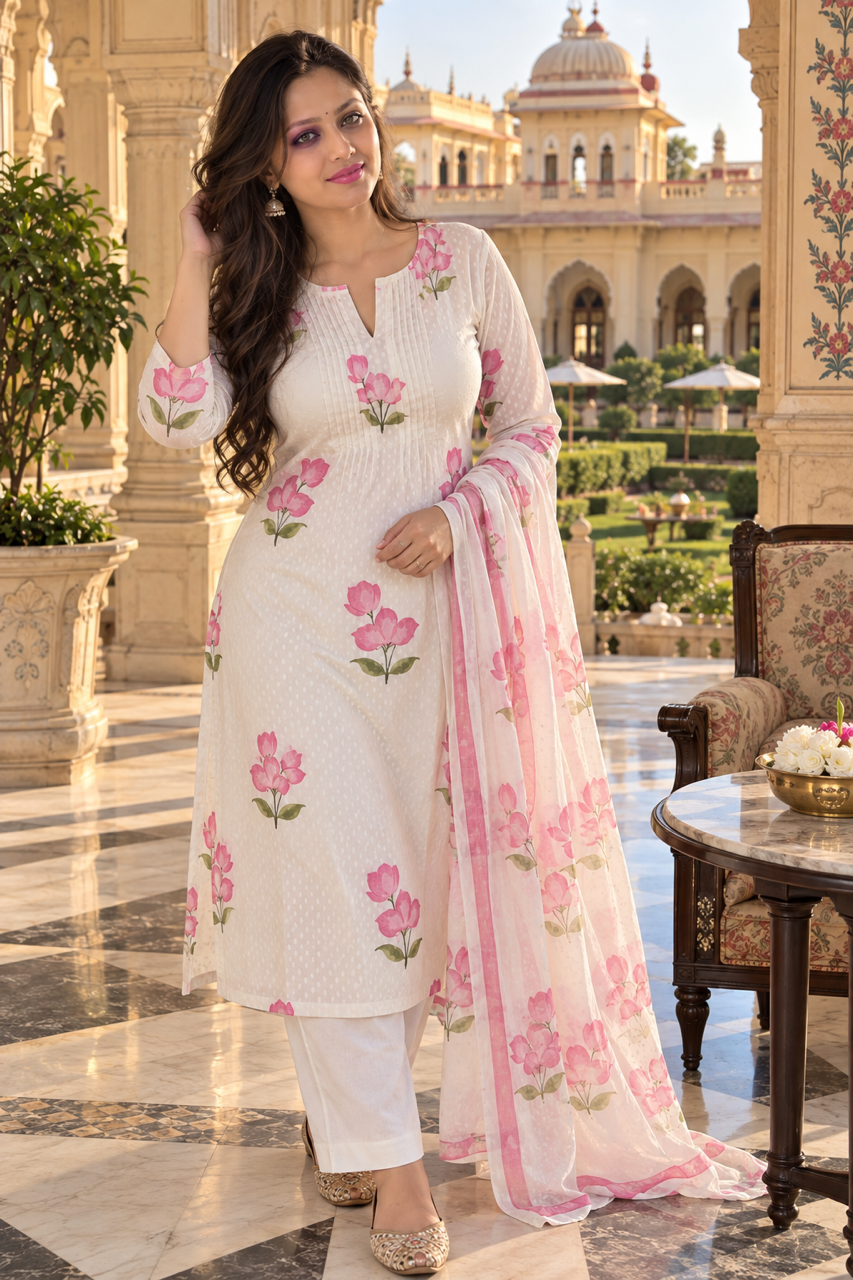 Ivory White Floral Printed Cotton 3-Piece Suit Set with Pink Dupatta