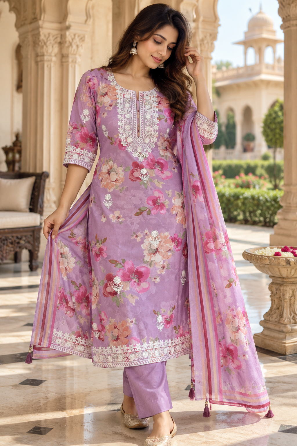 Lavender Floral Printed 3-Piece Suit Set with Embroidered Neckline & Dupatta