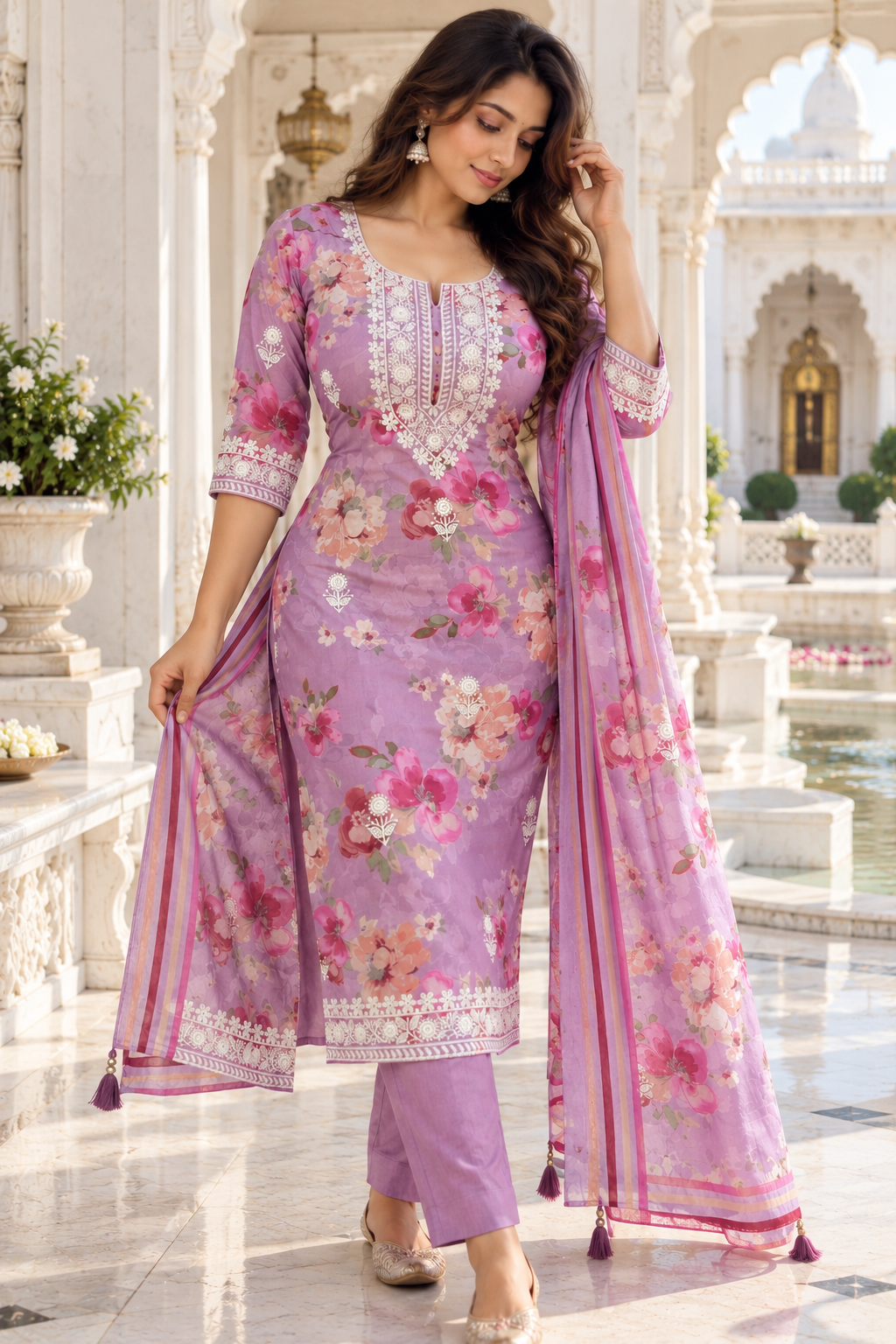 Lavender Floral Printed 3-Piece Suit Set with Embroidered Neckline & Dupatta