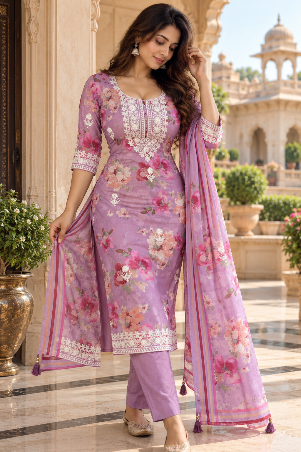 Lavender Floral Printed 3-Piece Suit Set with Embroidered Neckline & Dupatta