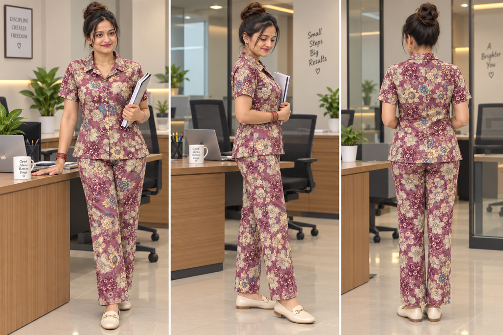 Mauve Floral Printed 2-Piece Co-Ord Set – Smart Office & Friday Dressing