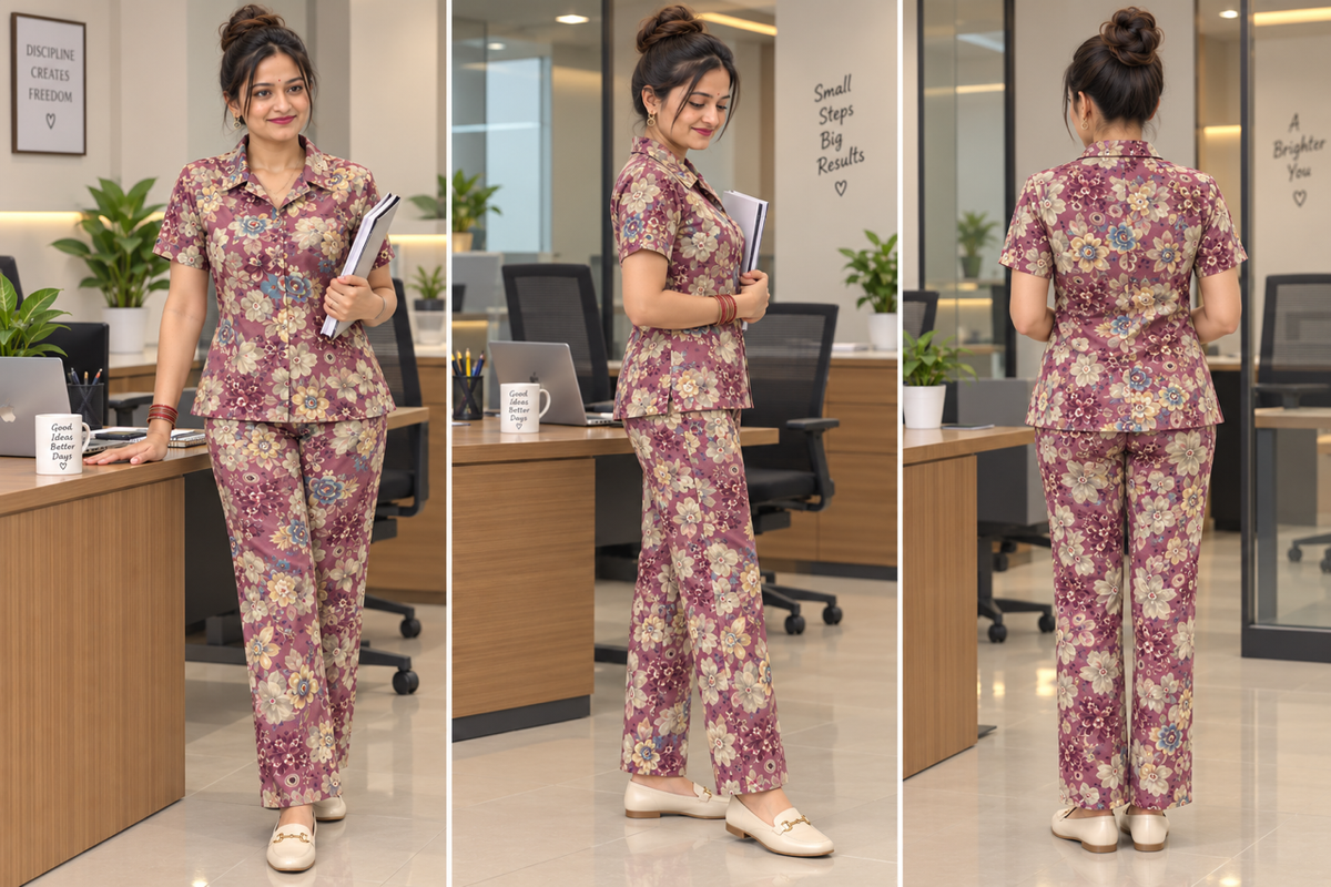 Mauve Floral Printed 2-Piece Co-Ord Set – Smart Office & Friday Dressing