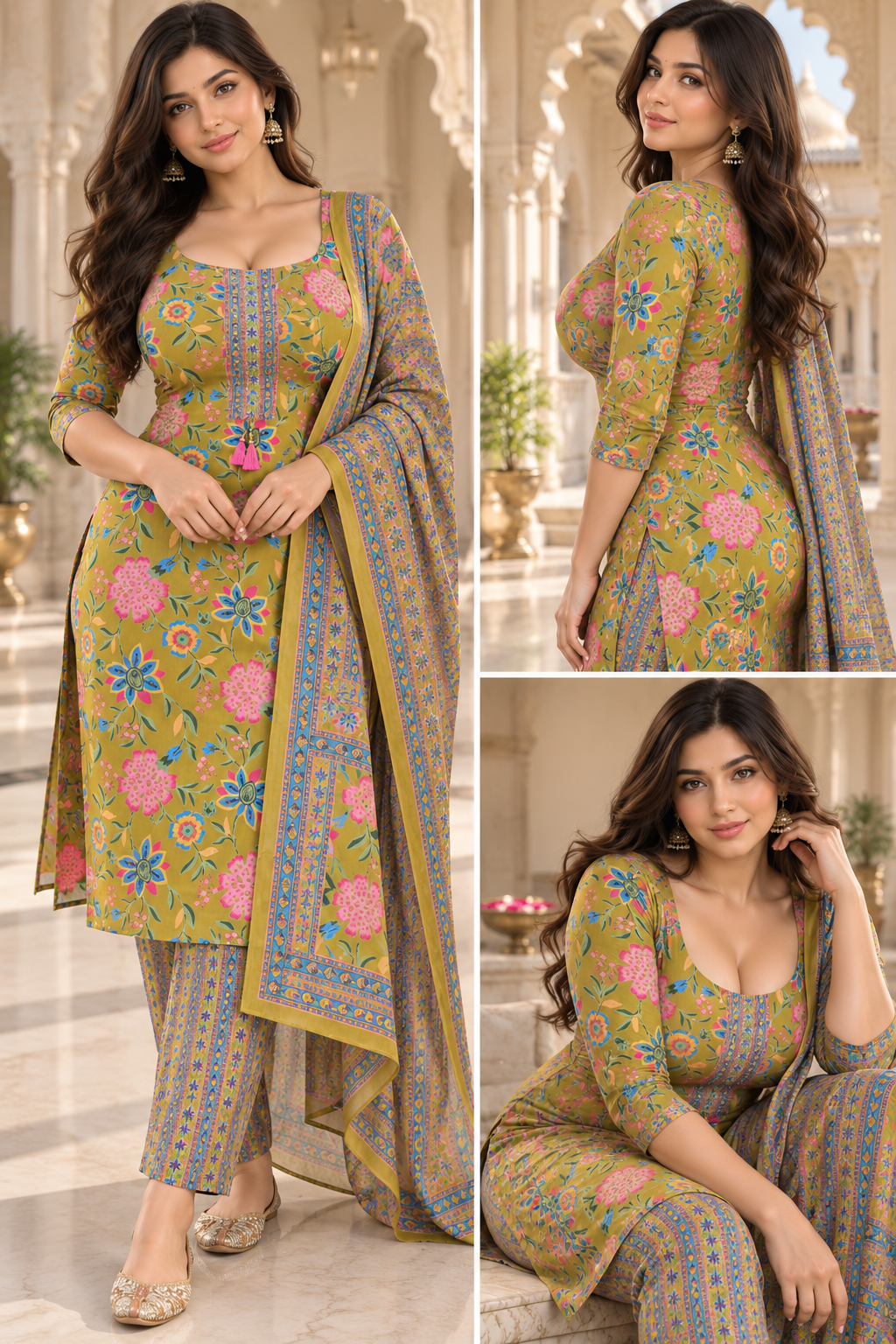 Mustard Yellow Floral Printed 3-Piece Suit Set with Printed Dupatta