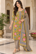 Mustard Yellow Floral Printed 3-Piece Suit Set with Printed Dupatta