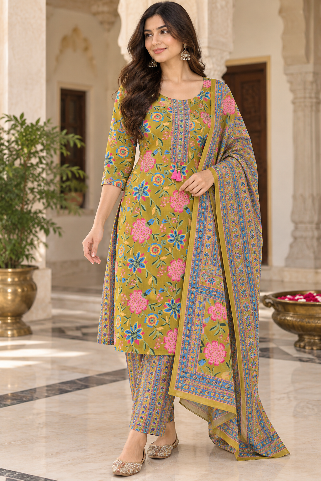 Mustard Yellow Floral Printed 3-Piece Suit Set with Printed Dupatta