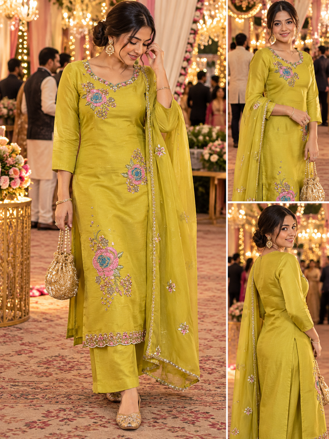 Olive Green Embroidered Kurta Pant Set with Dupatta – Festive 3-Piece Suit