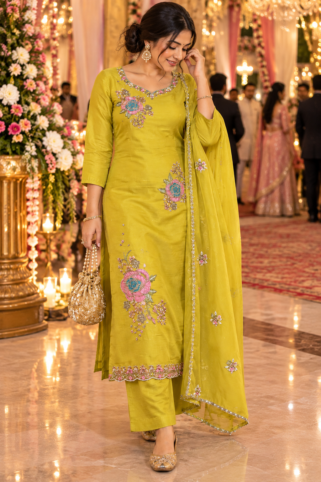 Olive Green Embroidered Kurta Pant Set with Dupatta – Festive 3-Piece Suit