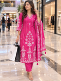 Pink Floral Printed Straight Kurta Pant Set with Dupatta – 3 Piece Ethnic Suit Set