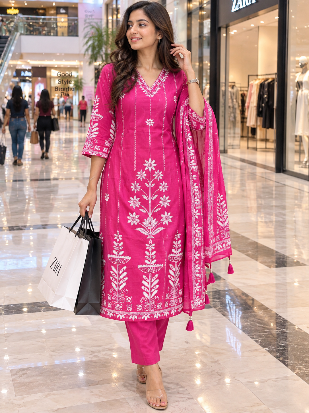 Pink Floral Printed Straight Kurta Pant Set with Dupatta – 3 Piece Ethnic Suit Set