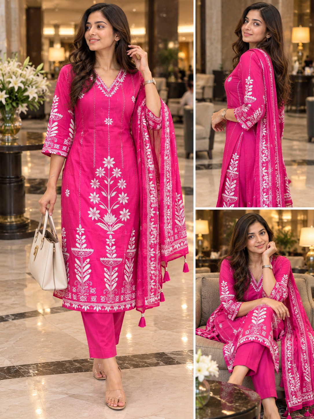 Pink Floral Printed Straight Kurta Pant Set with Dupatta – 3 Piece Ethnic Suit Set