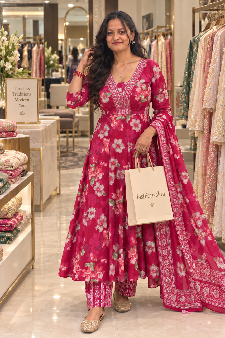 Rani Pink Floral Printed 3-Piece Anarkali Suit Set with Dupatta