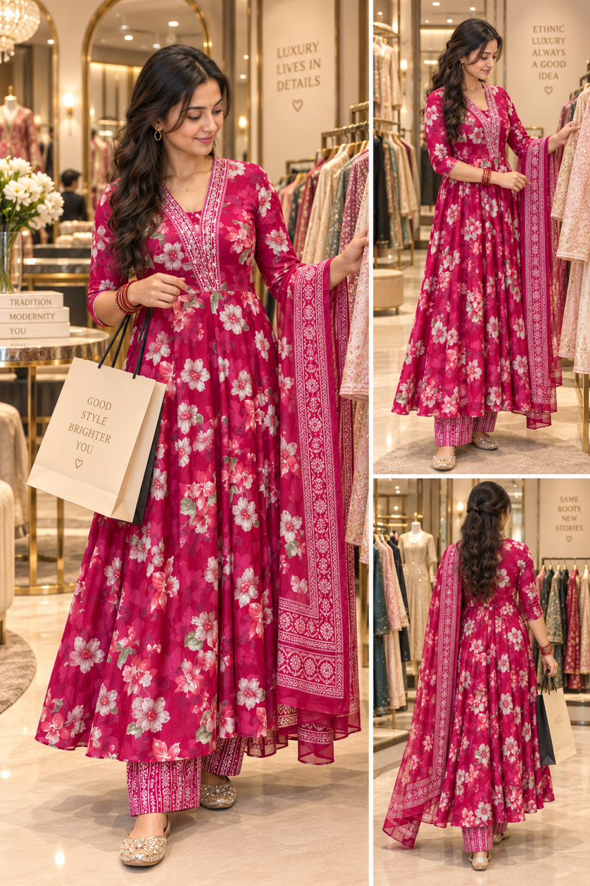Rani Pink Floral Printed 3-Piece Anarkali Suit Set with Dupatta
