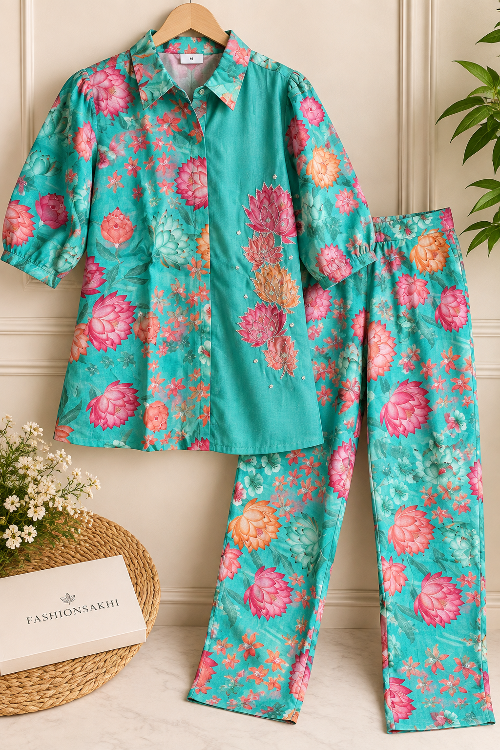 Turquoise Floral Shirt Pant Co-Ord Set – Elegant Office & Casual Wear