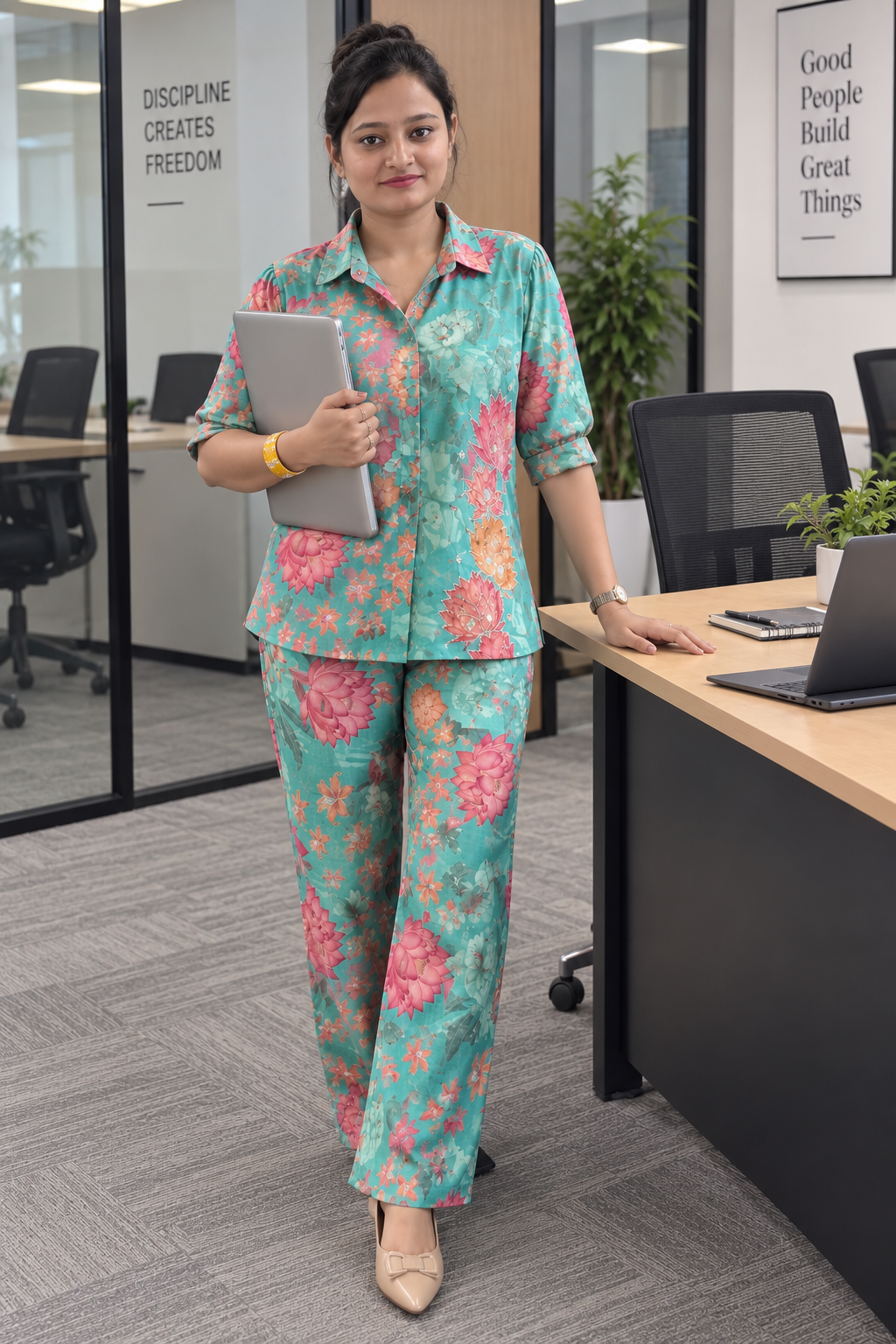 Turquoise Floral Shirt Pant Co-Ord Set – Elegant Office & Casual Wear