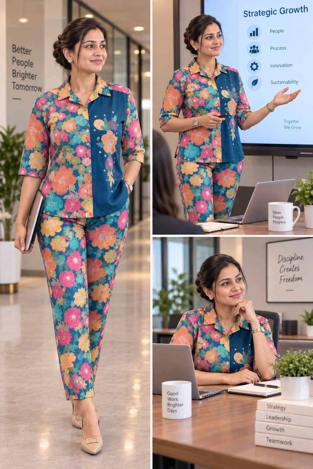 Teal Floral Printed Co-Ord Set for Women – Elegant Office Wear Shirt & Pant Set